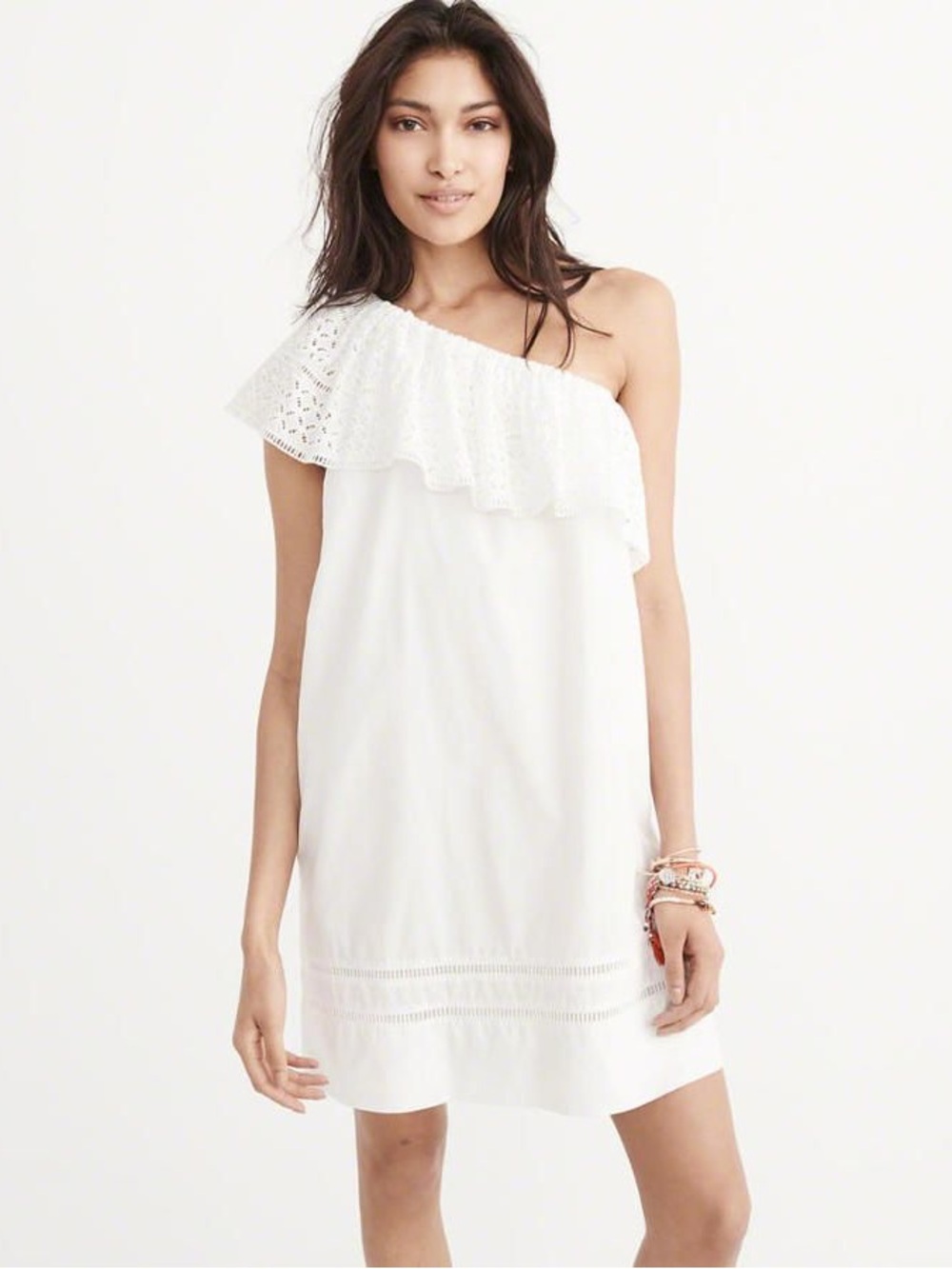 Abercrombie & Fitch White One Shoulder Eyelet Ruffle Dress Size L Boho Summer
